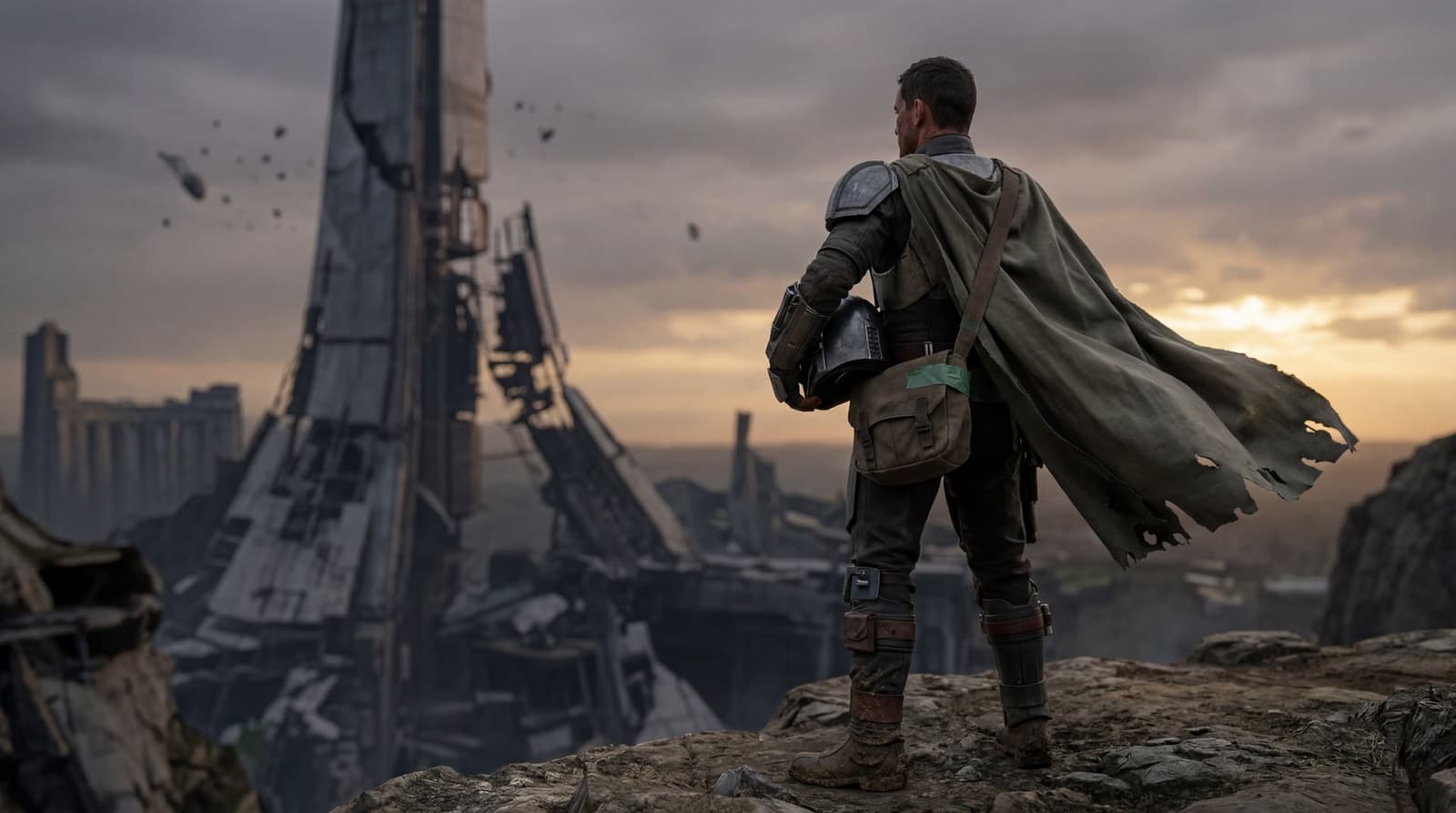 A lone armored Guardian figure stands on a windswept cliff overlooking the ruins of a vast space-age tower at dusk, helmet in hand, cape catching the wind, with a fading sun on the