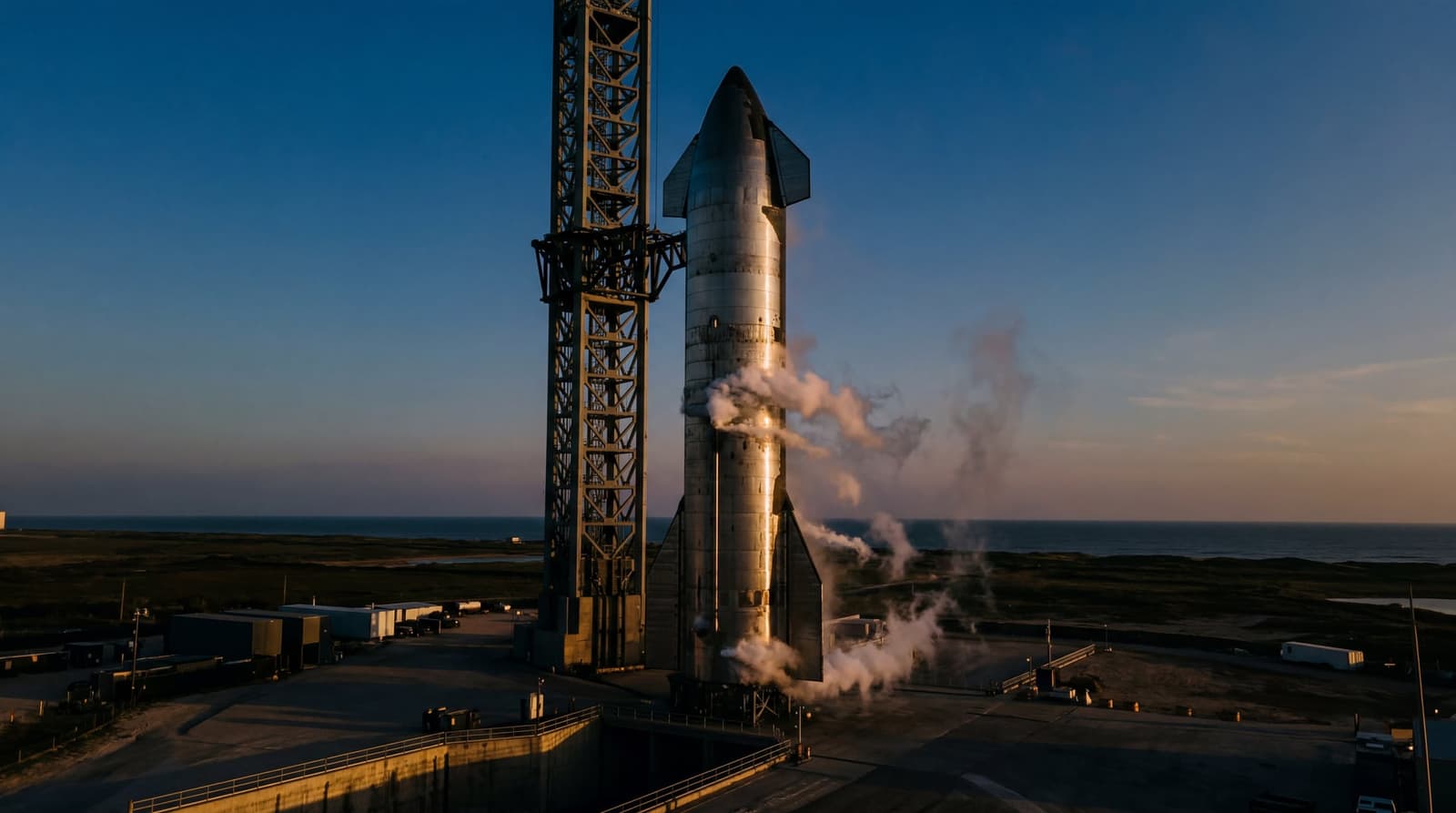 The Starship V3 megarocket standing on Pad 2 at Starbase, Texas at dusk, venting vapor, with the Mechazilla catch tower beside it; the launch countdown halted, no flame. LIGHT: Low