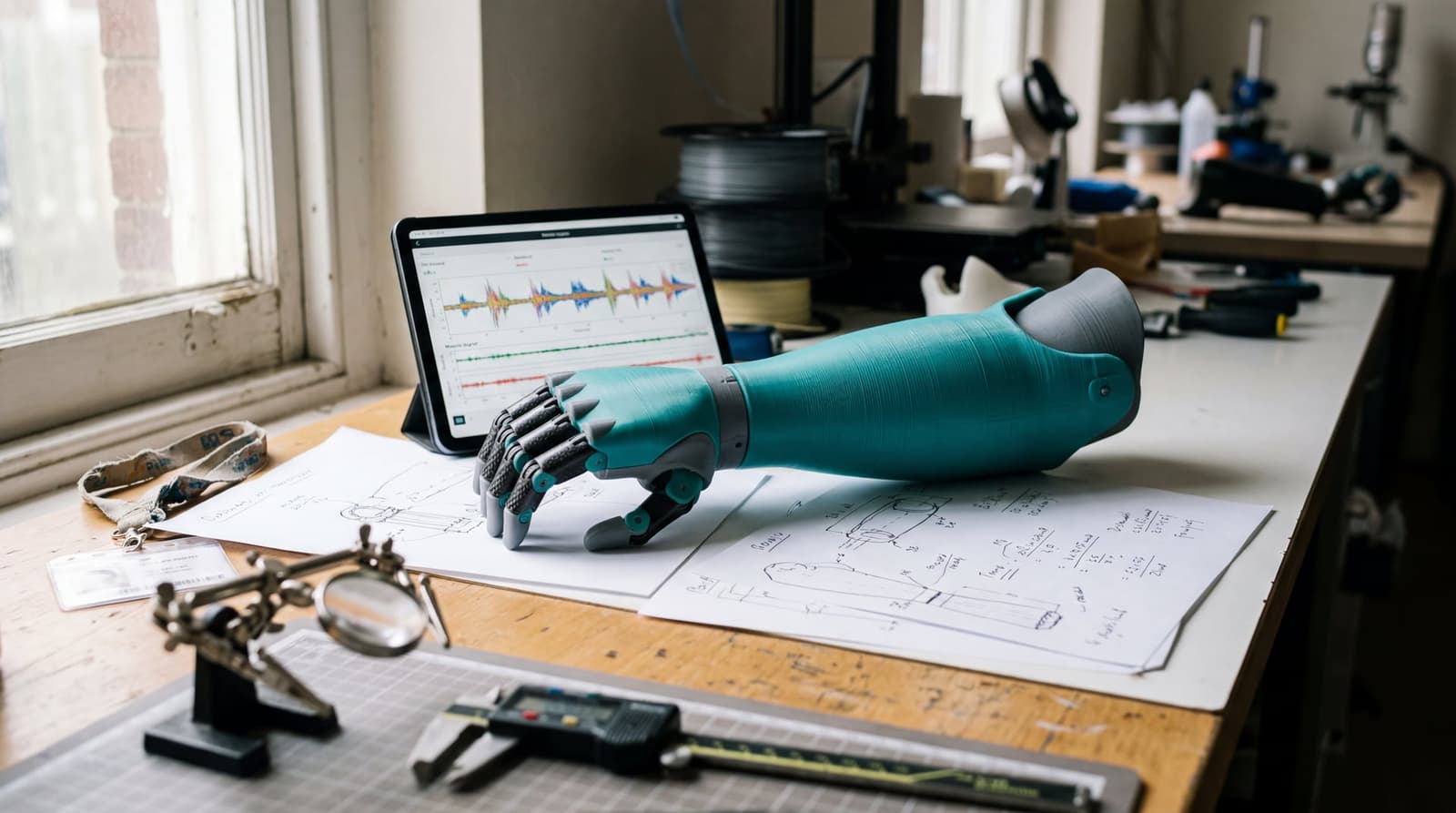 A child's 3D-printed myoelectric bionic arm resting on a clinician's workbench beside design sketches and a tablet showing muscle-signal graphs. LIGHT: Soft directional daylight fr