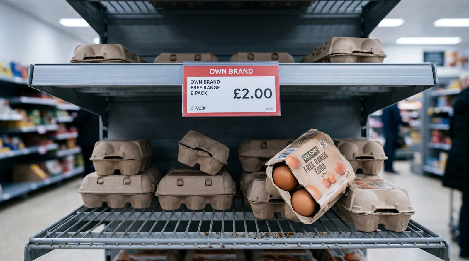 A half-empty UK supermarket egg shelf, own-brand six-pack cartons with visible £2 price label, shot at eye level. LIGHT: Cool overhead fluorescent supermarket lighting with slight